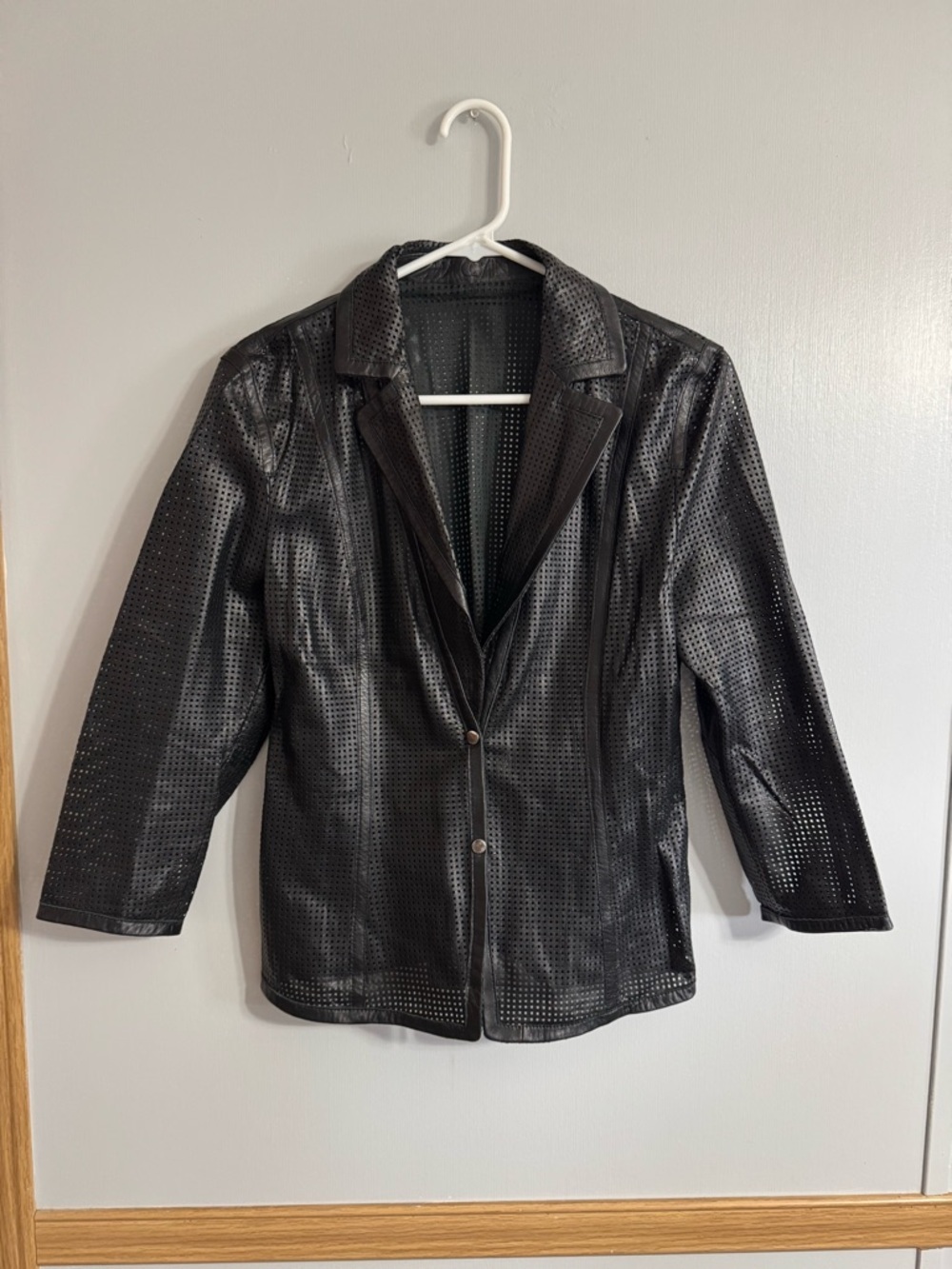 Marc Cain Black Perforated Leather Blazer Jacket Size Medium